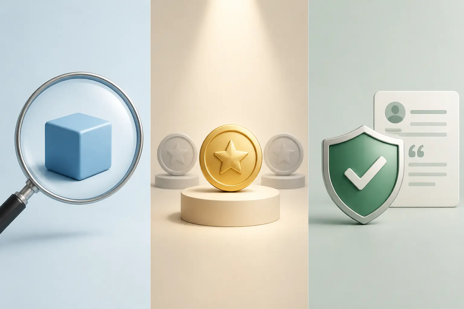 Illustration usp en triptyque : bénéfice précis, badge distinctif et preuve par validation.