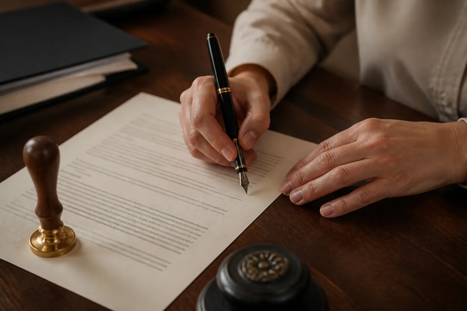 Mains signant un acte de disposition sur un bureau de notaire, gros plan réaliste, lumière chaude naturelle
