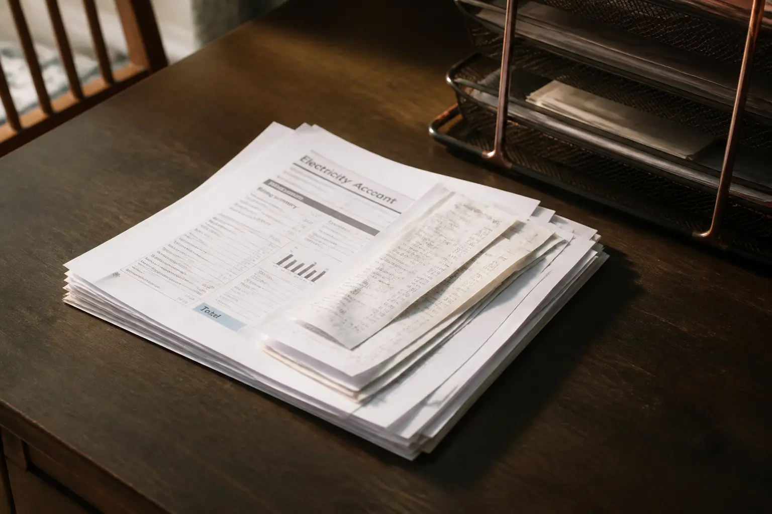 Factures d’électricité et reçus de paiement sur une table, illustrant combien de temps garder facture edf