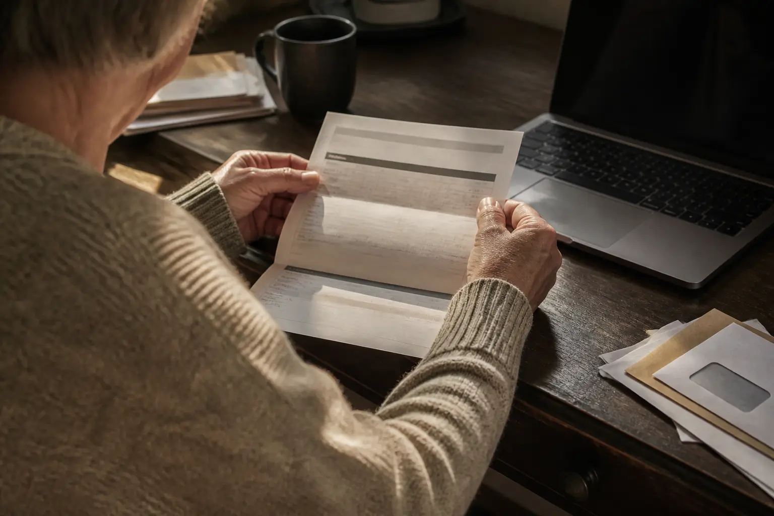 Personne lisant un relevé de carrière à son bureau, pour comment savoir si j'ai mes 8 trimestres, lumière naturelle douce