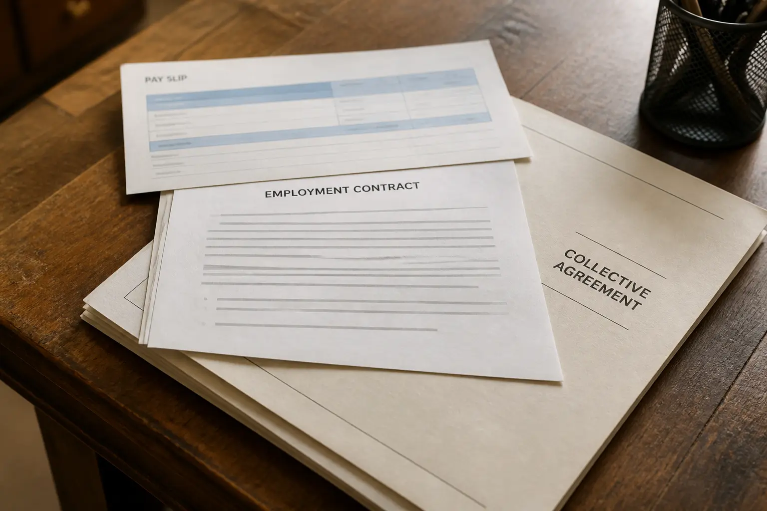 Documents de paie et contrat sur bureau, illustrant la convention collective assurance en contexte RH et juridique