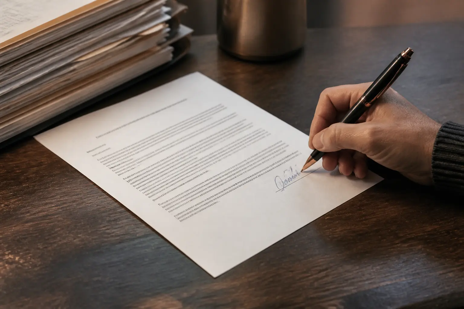 Convention de formation signée sur un bureau, près de dossiers papier, en gros plan chaleureux et réaliste