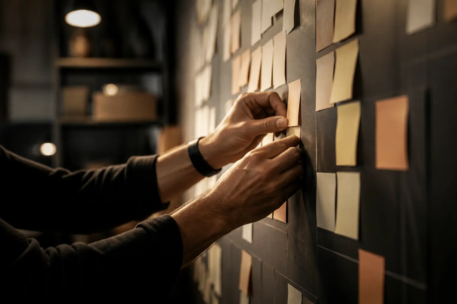 Feuille de route exemple sur tableau de projet, mains plaçant des post-it dans un atelier sombre et chaleureux