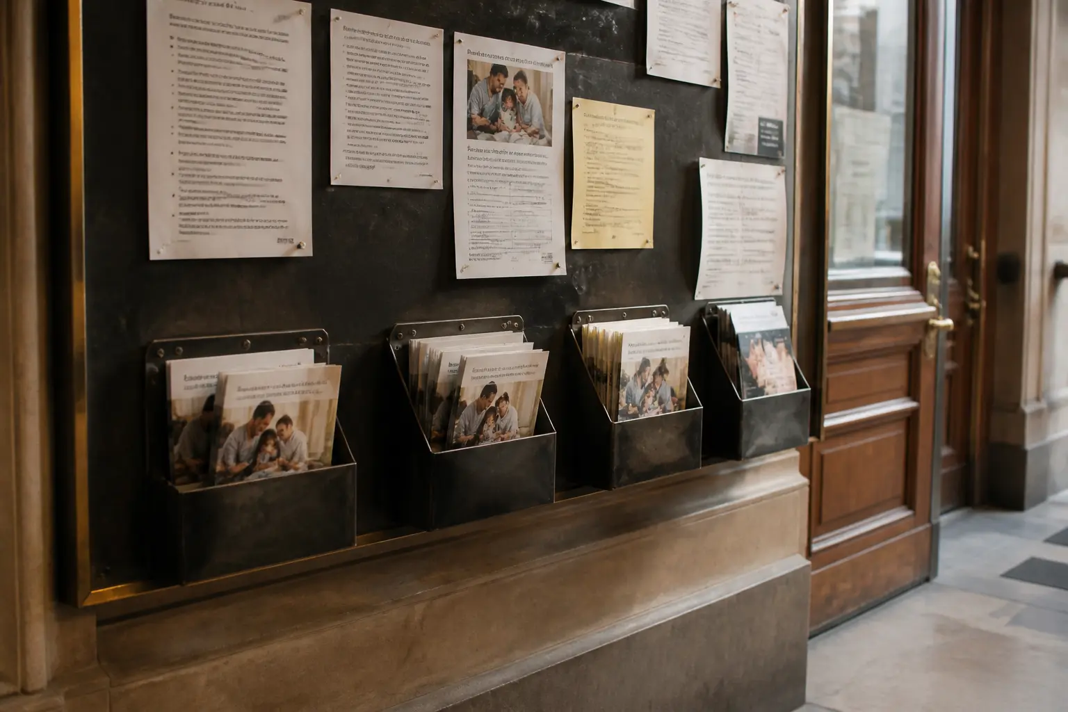 Liste des mutuelles communales sur un panneau d’information municipal dans le hall d’une mairie, avec brochures santé.