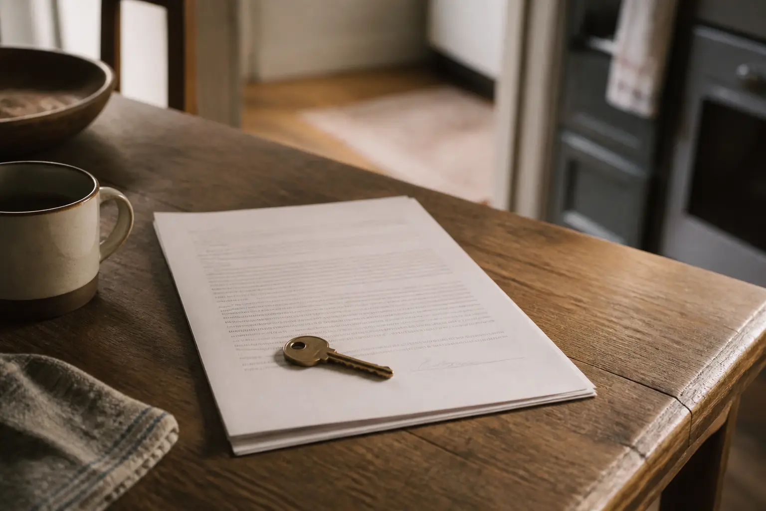 Clé de maison sur contrat signé, illustration de location vente pour une maison dans une cuisine familiale chaleureuse