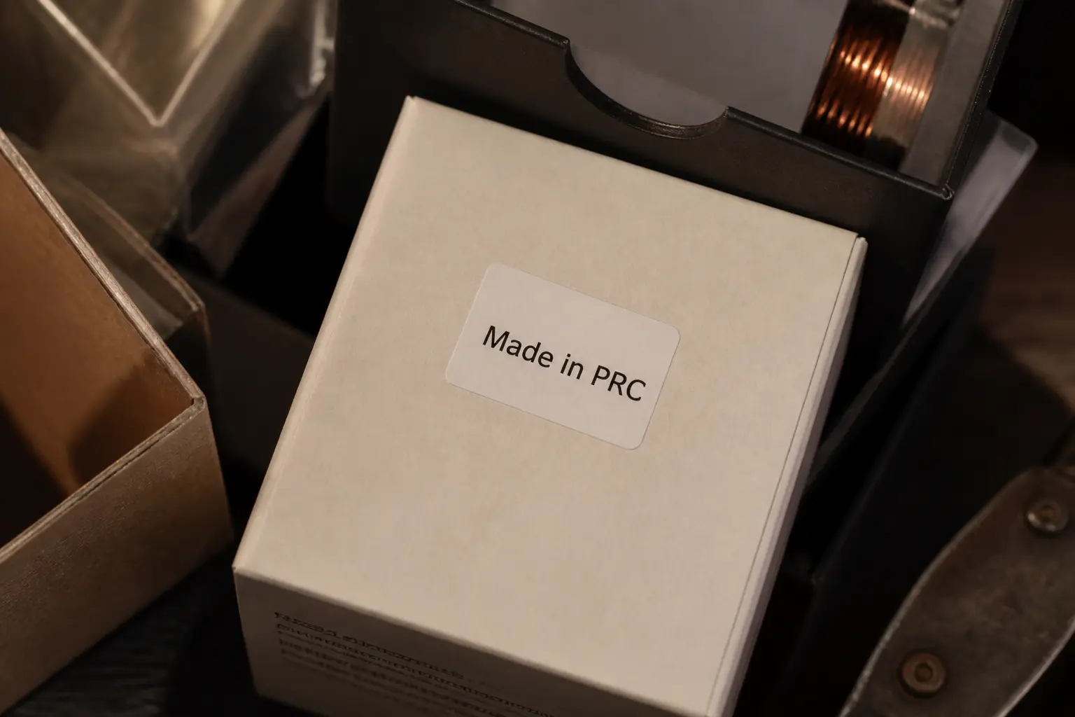 Étiquette made in prc sur un colis importé, gros plan réaliste sur table d’emballage en entrepôt.