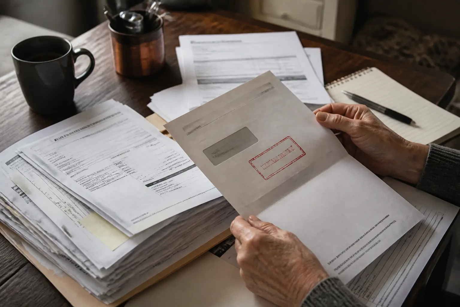 Documents médicaux et administratifs sur une table, maladie professionnelle reconnue et après, lettre tamponnée