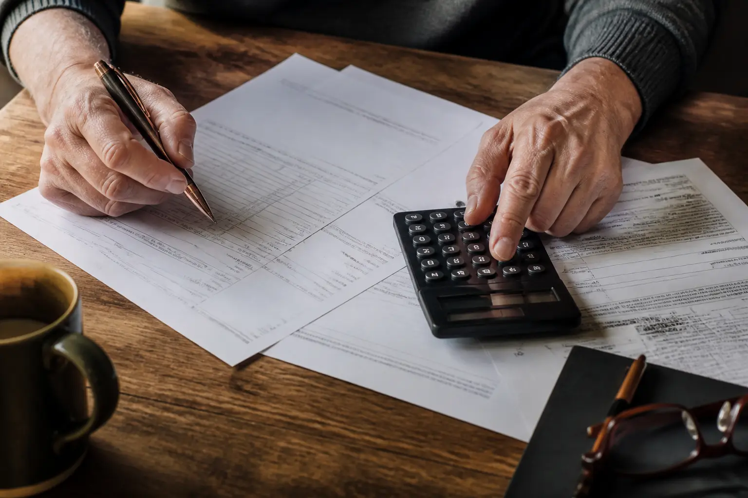 Mains calculant des documents fiscaux sur une table en bois, illustrant le montant à déclarer maxi service à domicile