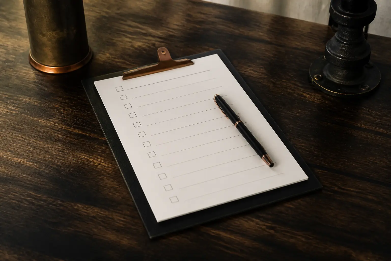 Checklist de sécurité incendie sur bureau en bois dans un bureau architectural, normes pour erp en contrôle