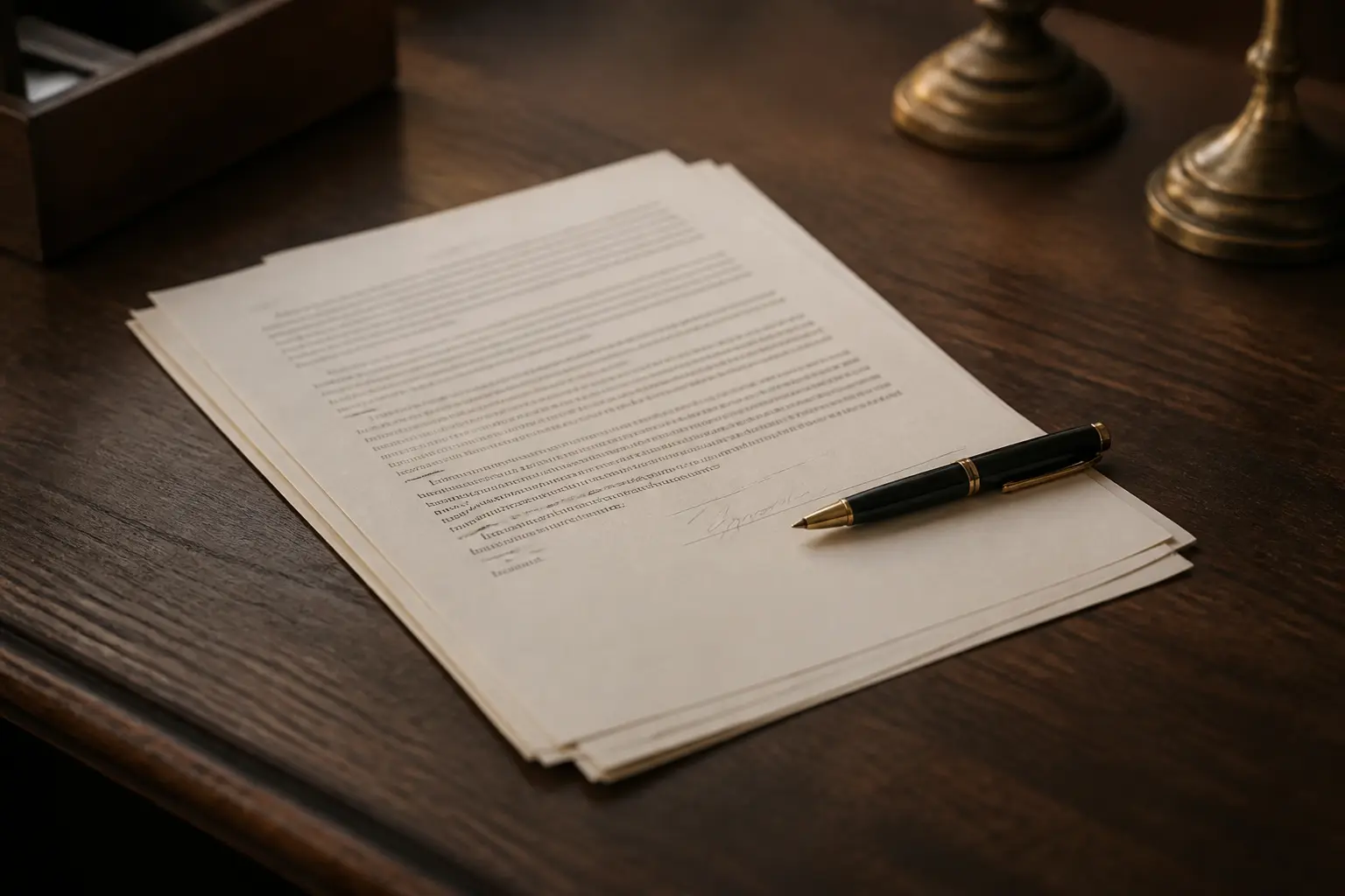 Contrat signé et stylo sur bureau en bois sombre, illustrant la personnalité juridique en cabinet d’avocat
