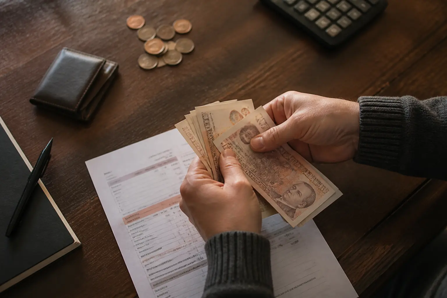 Mains comptant des billets sur un bureau, avec relevé mensuel, illustrant placer de l'argent qui rapporte mensuellement