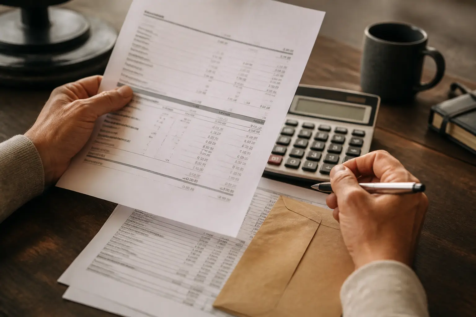 Mains consultant un relevé d’assurance vie et des calculs de retrait, illustrant les prélèvements sociaux sur assurance vie.