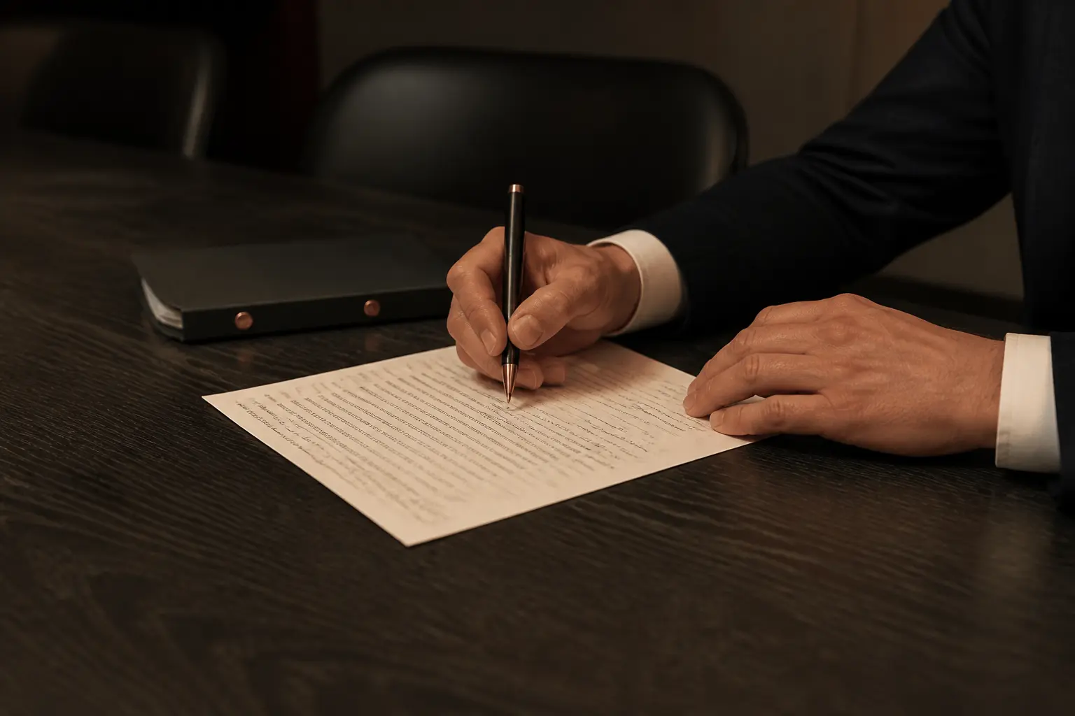 pv assemblée générale : mains annotant un procès-verbal sur une table de réunion en bois sombre, ambiance corporate