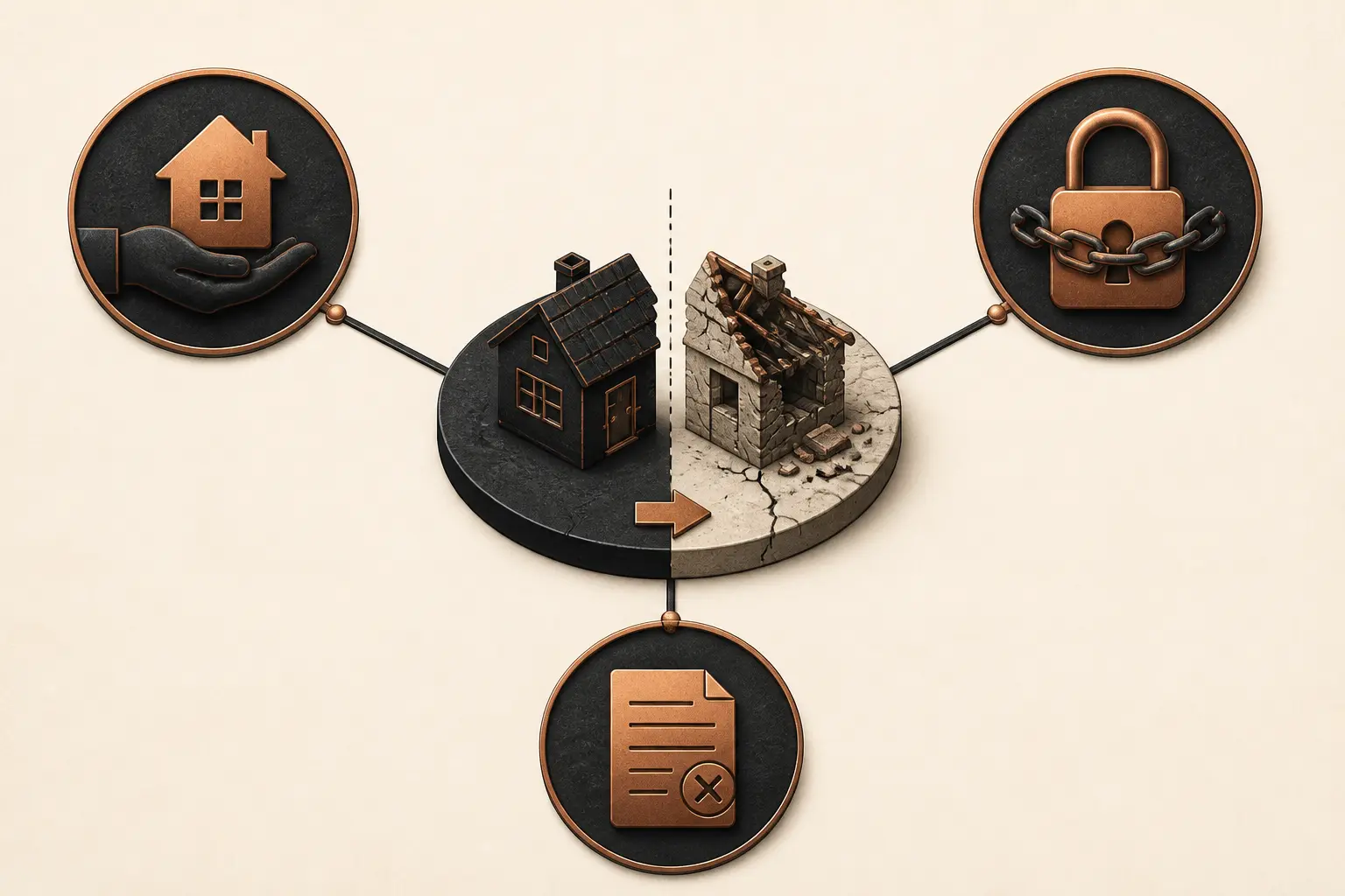 Illustration d’acte de disposition : un bien patrimonial franchit une limite, avec transfert, charge et renonciation.