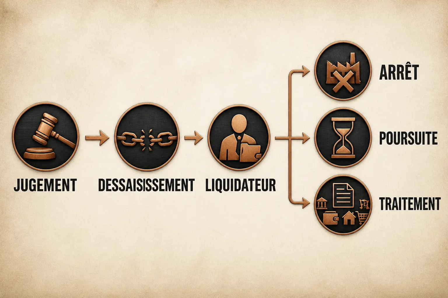 Après une liquidation judiciaire que se passe t-il : schéma du jugement, dessaisissement, liquidateur et poursuite possible.