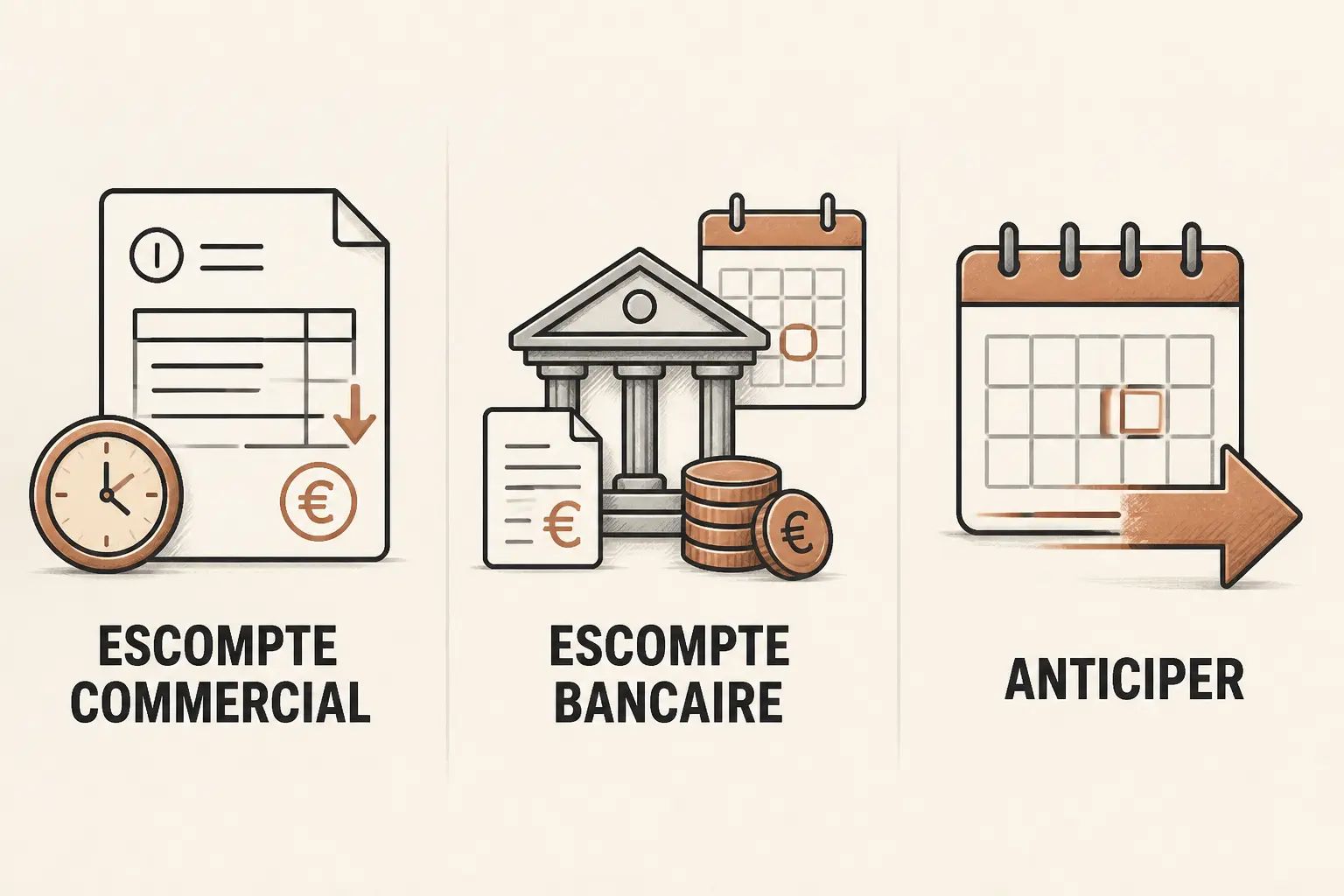 Infographie sur le def escompte : trois sens, avec facture, avance bancaire et anticipation d’un événement futur.