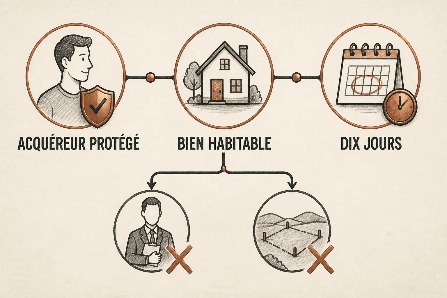 Infographie sur le délai de rétractation compromis de vente : acquéreur protégé, bien habitable, dix jours et exceptions.