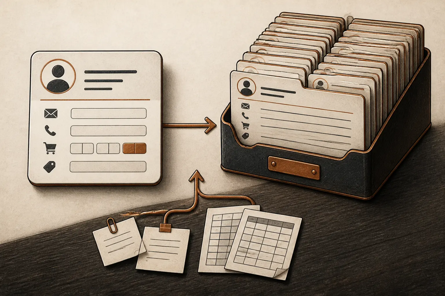 Fiche client illustrée : une fiche individuelle reliée à une base de données client centralisée, avec notes intégrées.