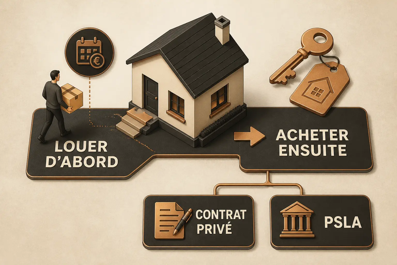 Schéma isométrique de location vente pour une maison : louer d’abord, acheter ensuite, avec contrat privé et PSLA.
