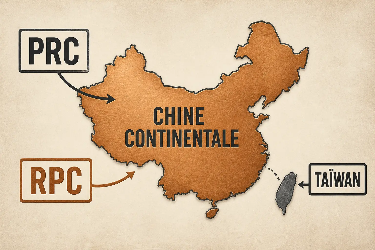 Schéma made in prc montrant la Chine continentale, PRC/RPC et Taïwan séparé pour clarifier le pays indiqué