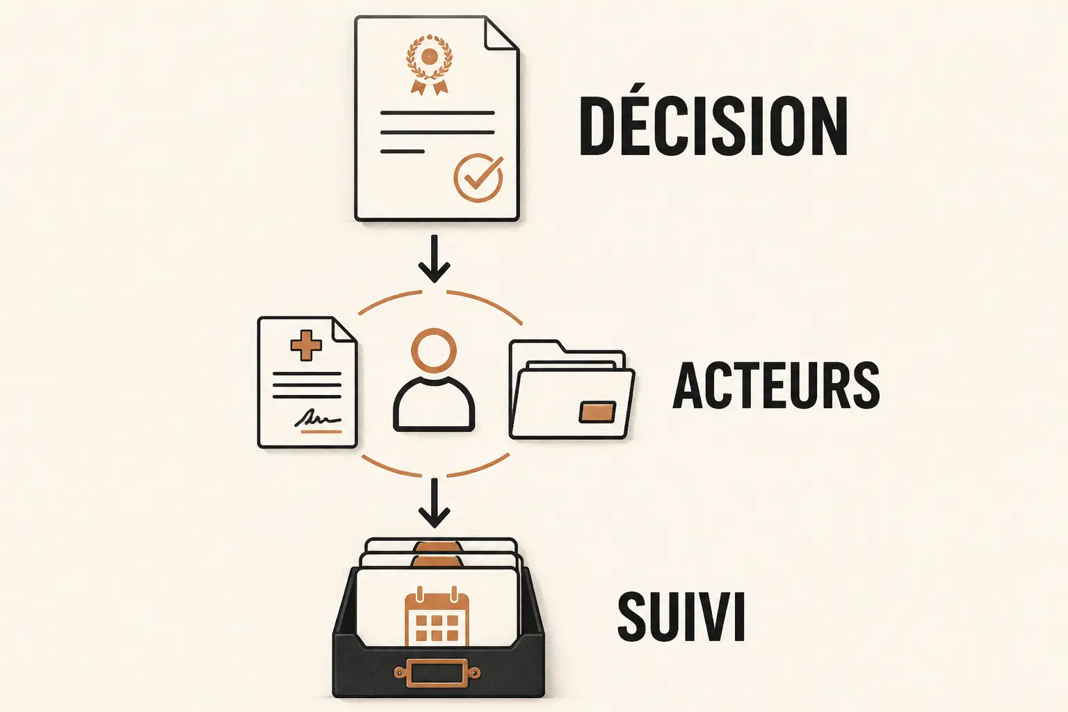 Schéma des premières démarches après une maladie professionnelle reconnue et après : décision, acteurs, suivi.