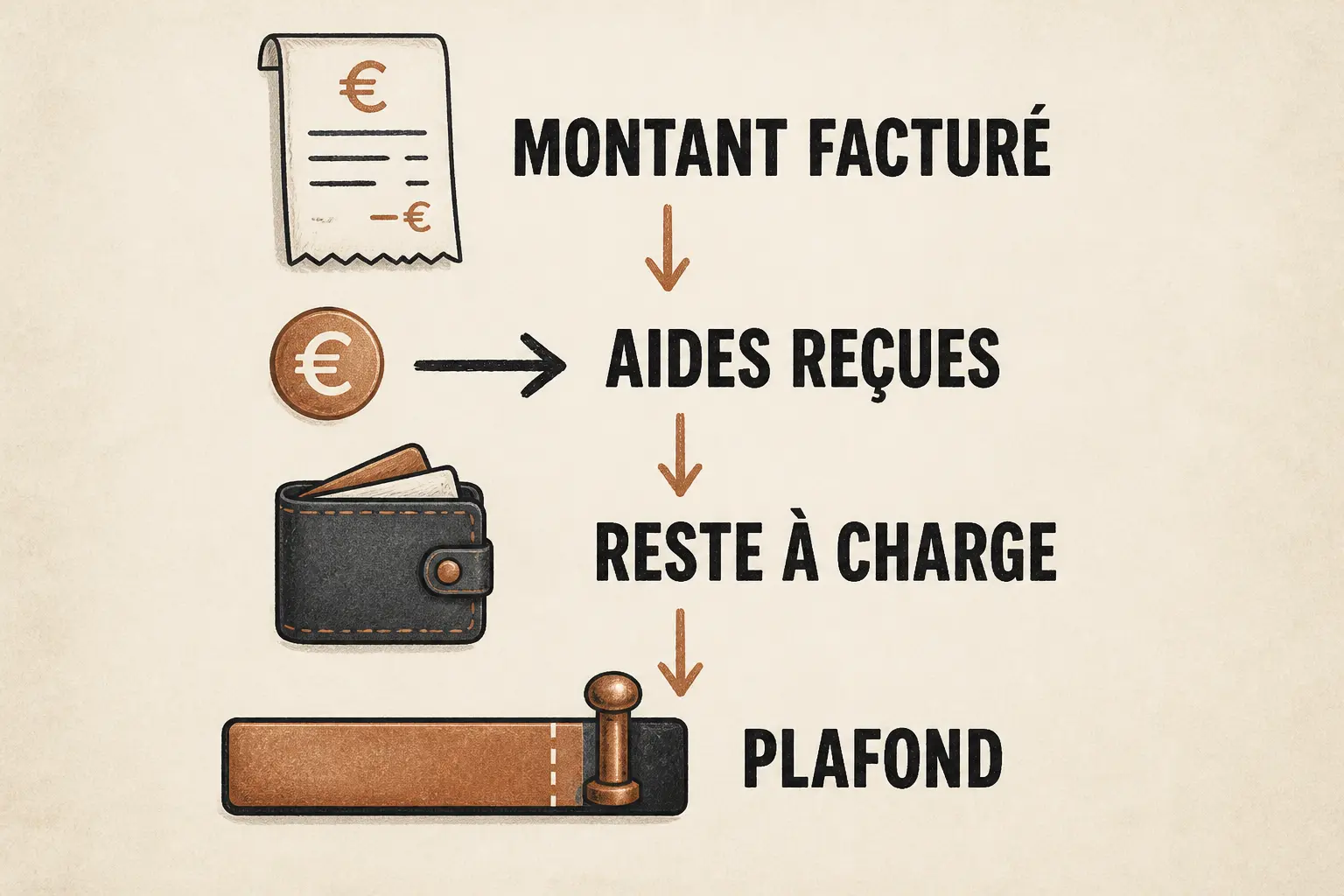 Infographie du montant à déclarer maxi service à domicile : montant facturé, aides reçues, reste à charge et plafond légal.