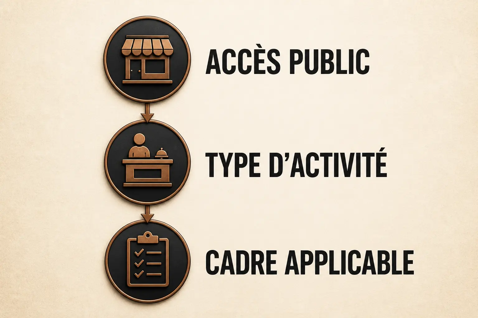 Schéma décisionnel des normes pour erp : accès public, type d’activité, cadre applicable, avec icônes et flèches.