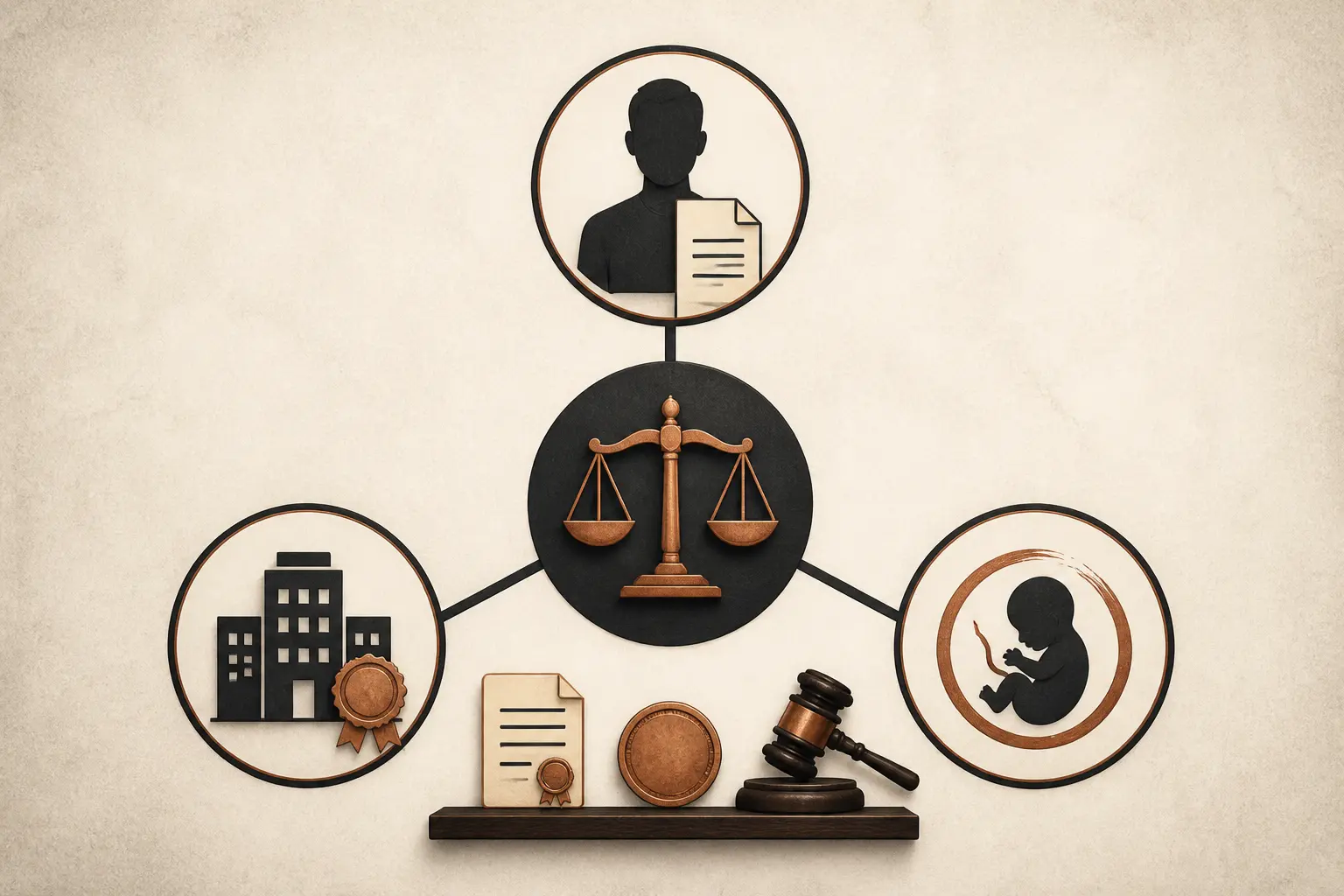 Schéma éditorial de la personnalité juridique : personne, entreprise et enfant à naître comme sujets de droit, avec contrat, pièce et marteau du juge.