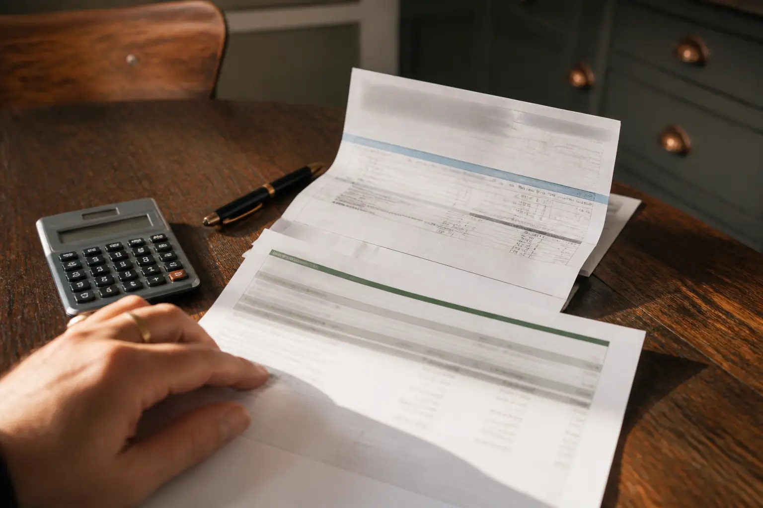 Prélèvement bancaire 108 euros sur relevé, avis de taxe locale et calculatrice sur une table de cuisine française.