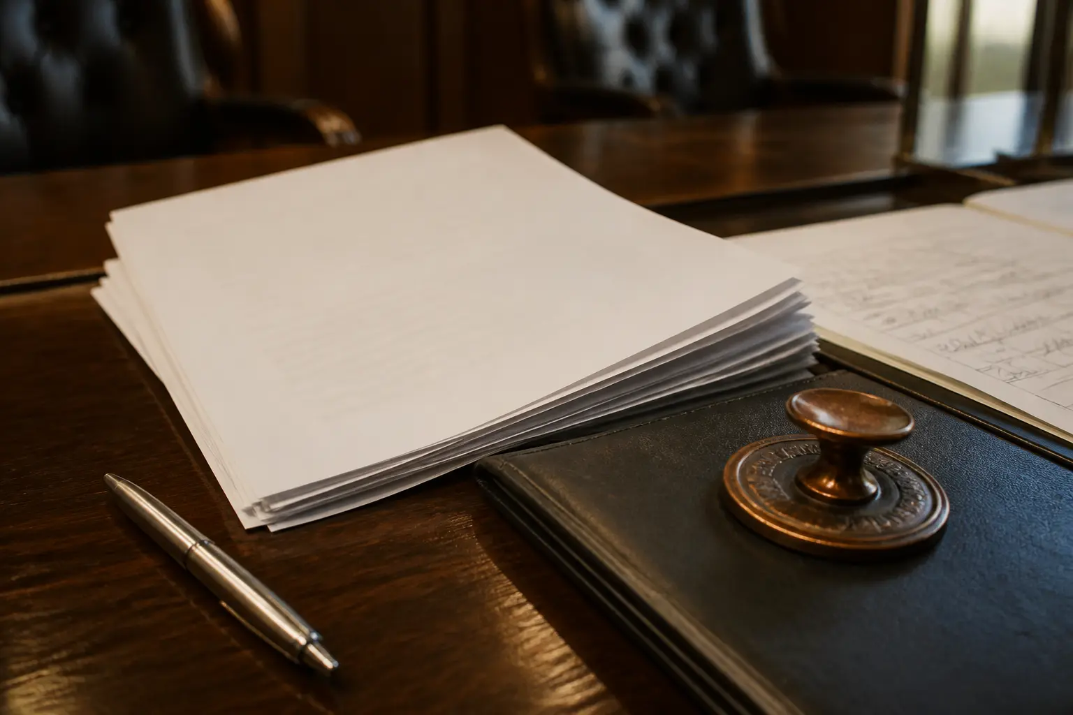 pv assemblée générale sur table de réunion avec documents signés, stylo et dossier tamponné, lumière chaude naturelle