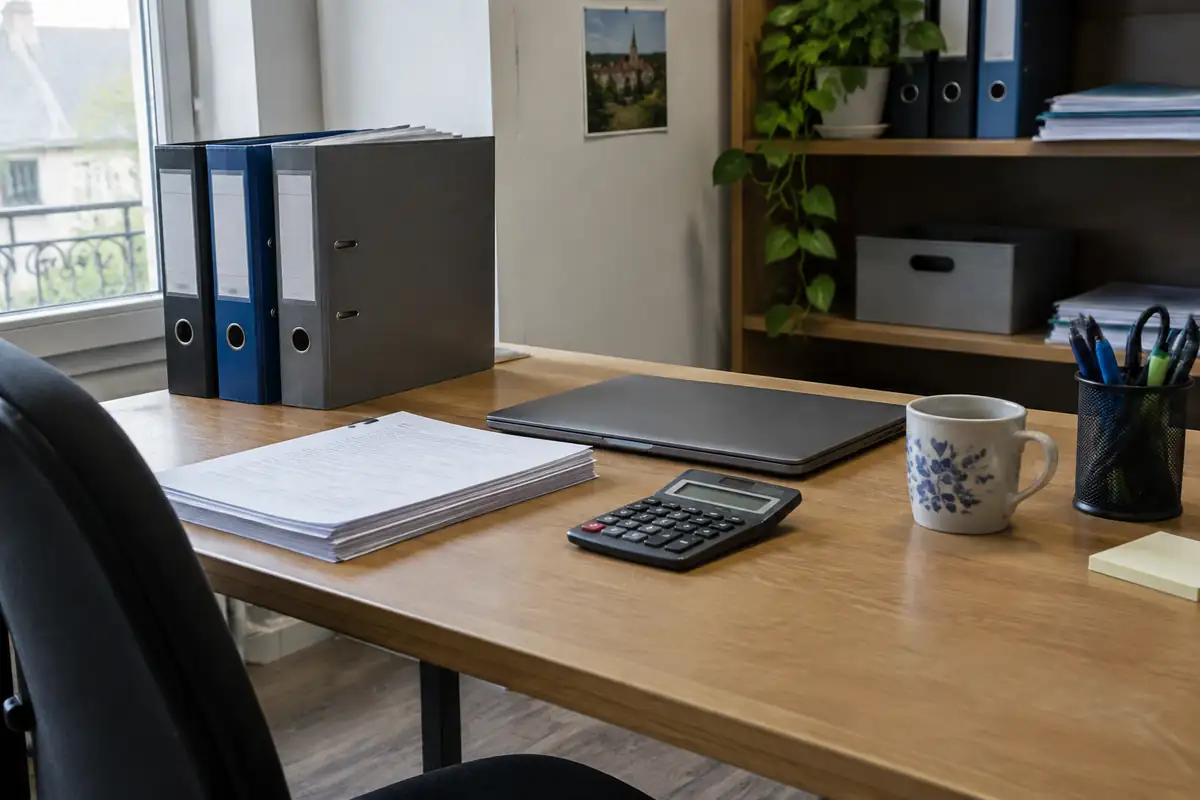Bureau d'une petite entreprise avec classeurs, liasse de documents et calculatrice