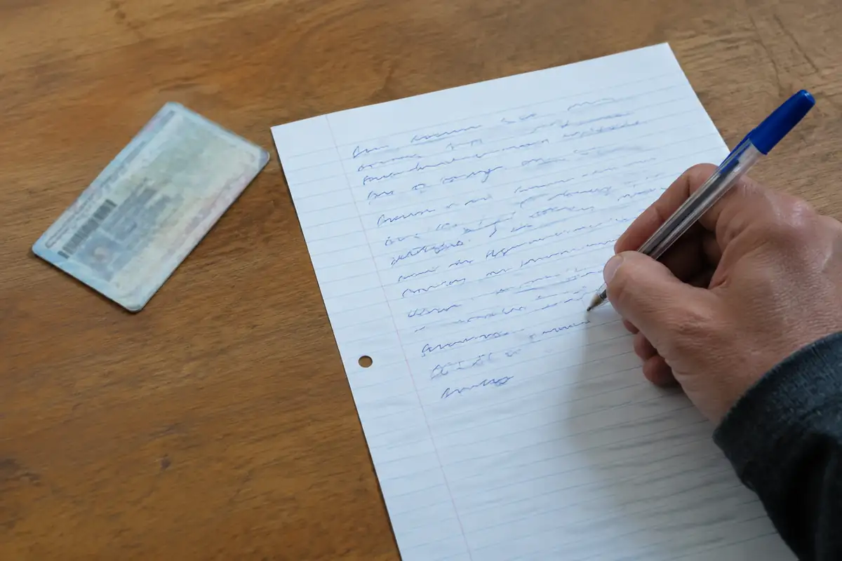 Feuille manuscrite en cours de rédaction, stylo à la main, sur une table