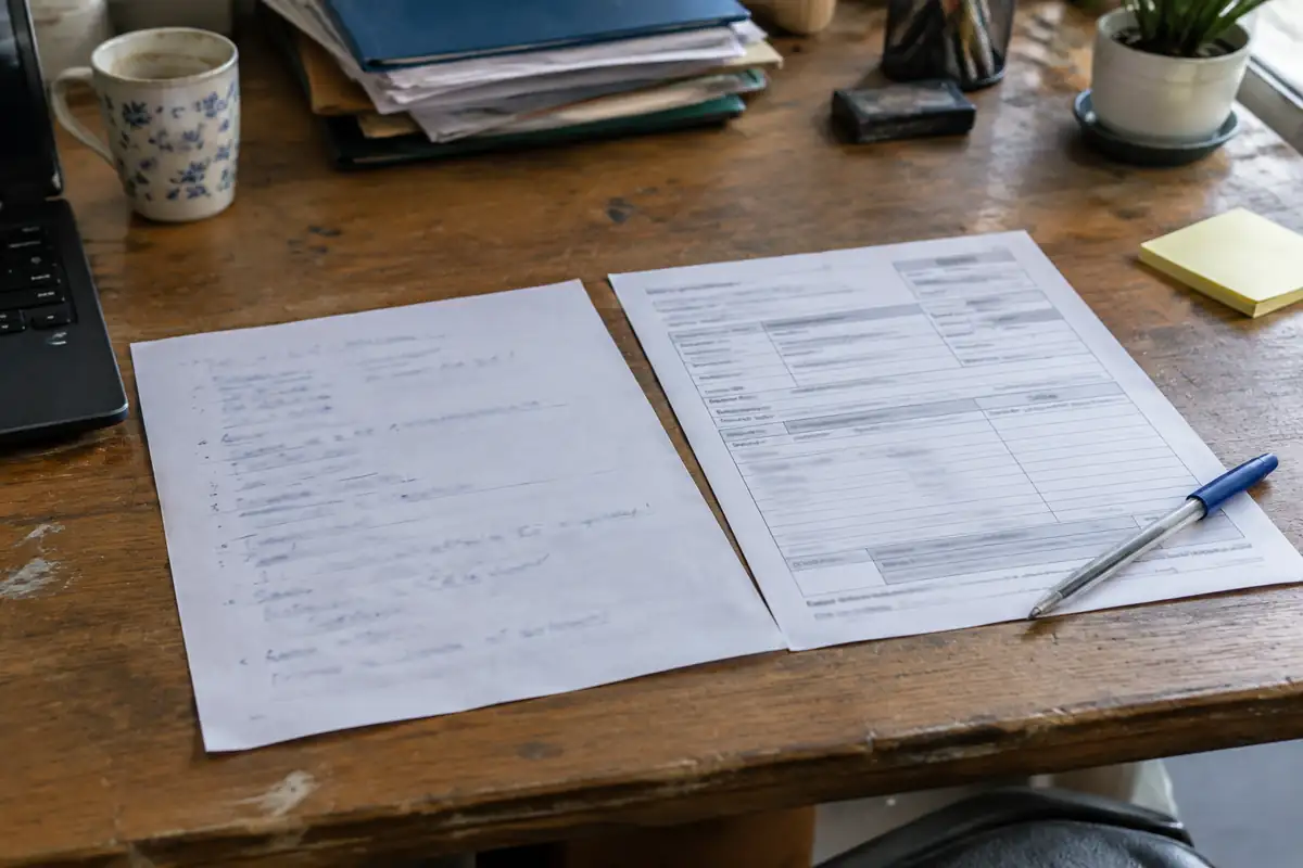 Une lettre manuscrite et un formulaire pré-imprimé posés côte à côte sur un bureau