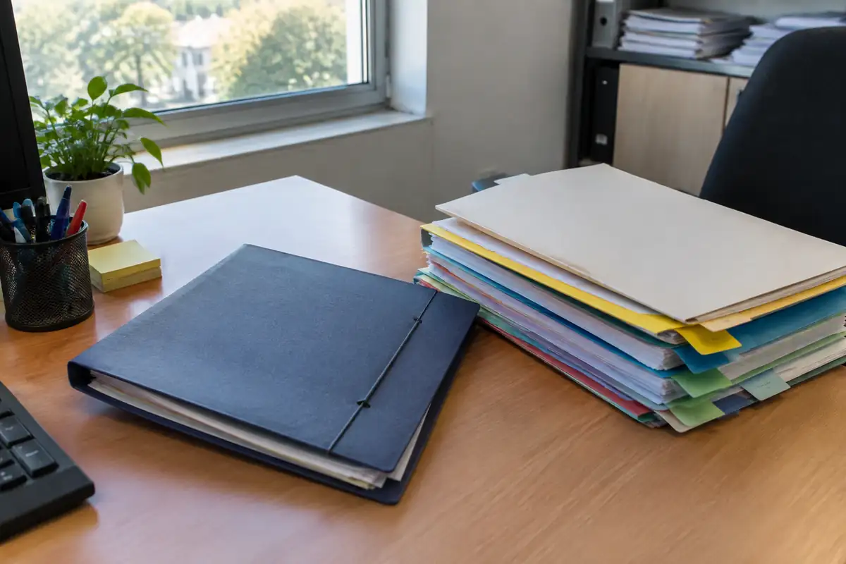Parapheur et pile de dossiers du personnel posés sur un bureau