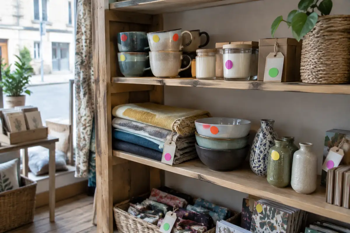 Rayon de boutique avec des pastilles de remise sur les produits