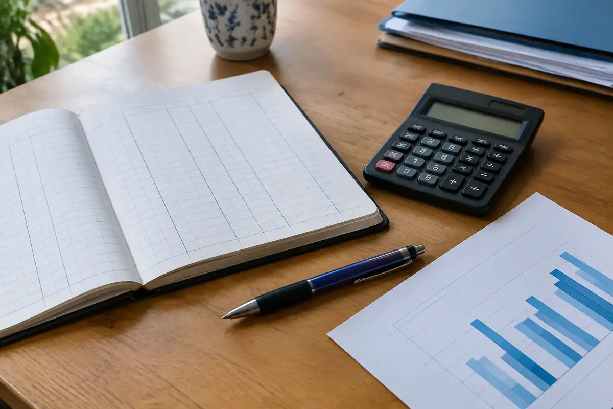 Cahier quadrillé ouvert, calculatrice, stylo et graphique en barres bleues posés sur un bureau en bois