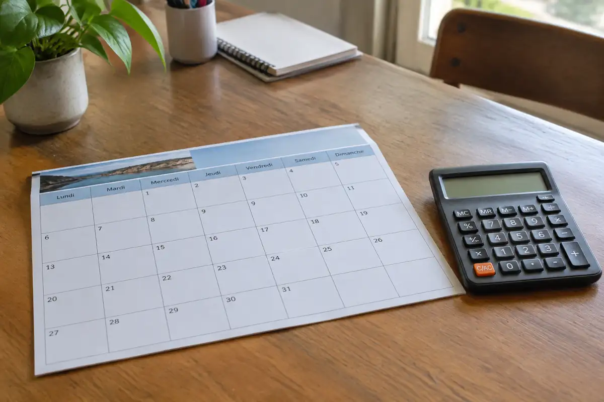 Calendrier mensuel imprimé et calculatrice posés sur une table