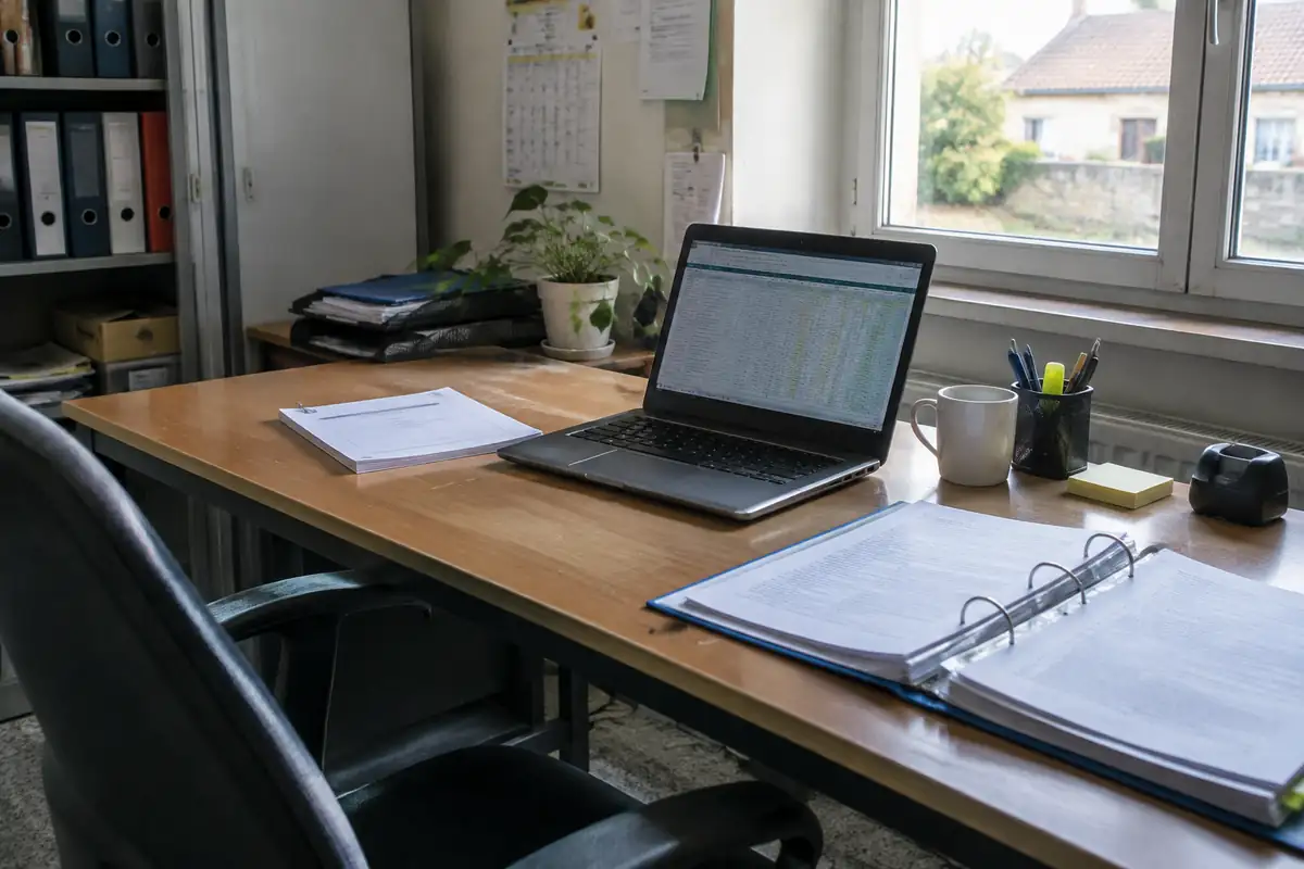 Bureau d'un dirigeant avec statuts agrafés, ordinateur portable et classeur