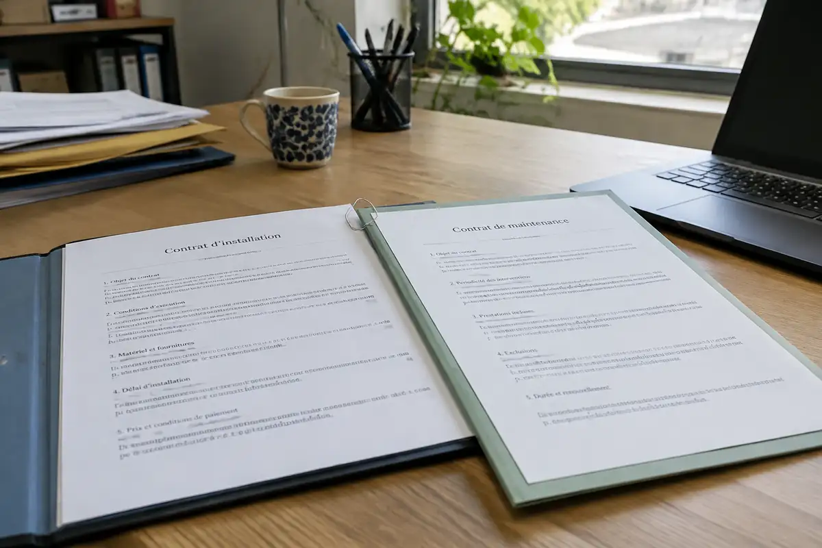 Deux dossiers reliés par un trombone, un contrat d'installation et un contrat de maintenance