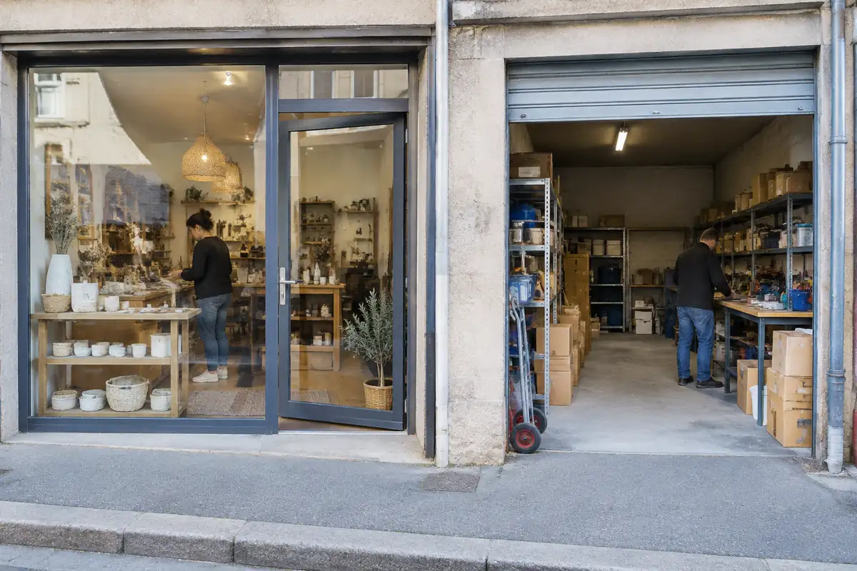 Une boutique et un local de stockage voisins, deux établissements d'une même entreprise