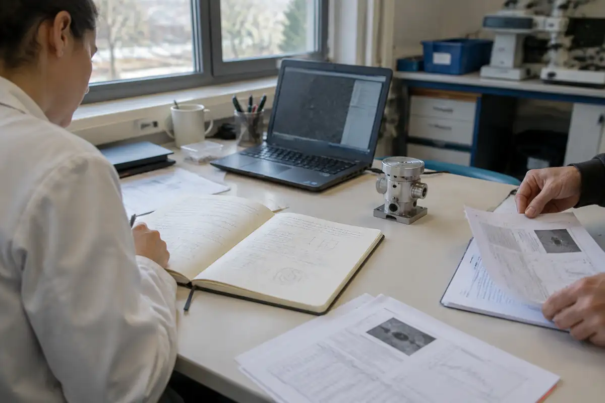 Bureau de laboratoire avec un cahier de recherche ouvert et des rapports d'essais