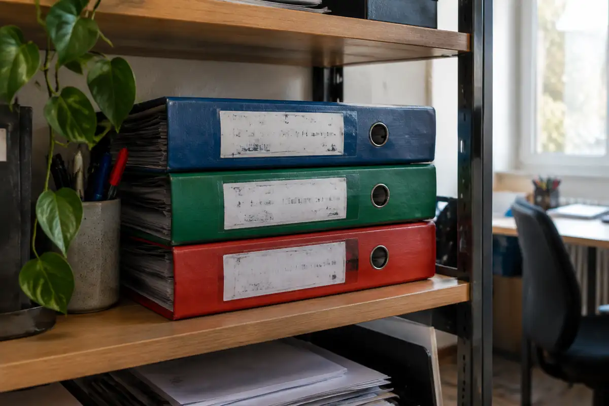 Trois dossiers étiquetés posés sur une étagère de bureau