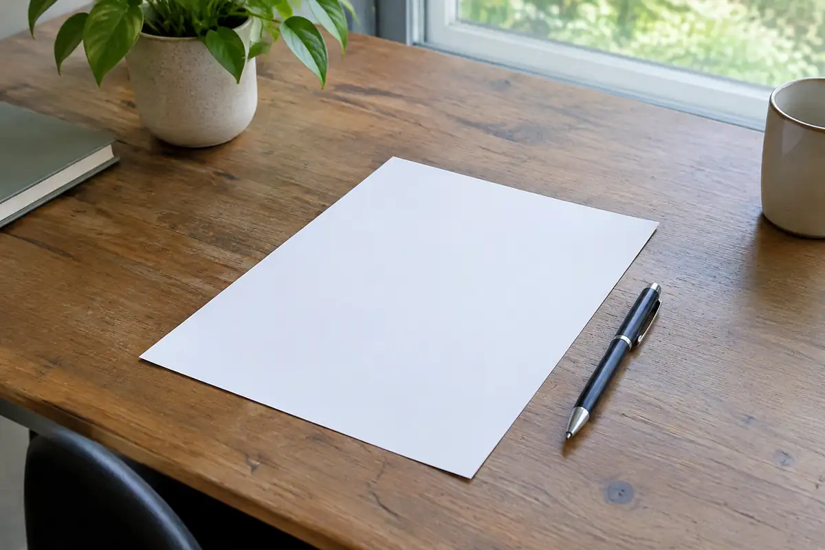 Feuille à en-tête vierge posée près d'un stylo sur un bureau