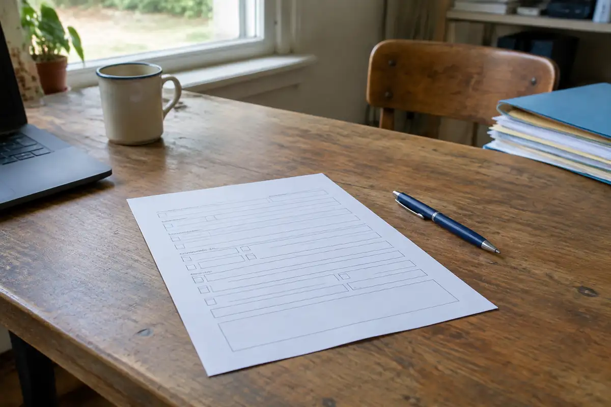 Formulaire vierge à cases vides posé sur une table à côté d'un stylo