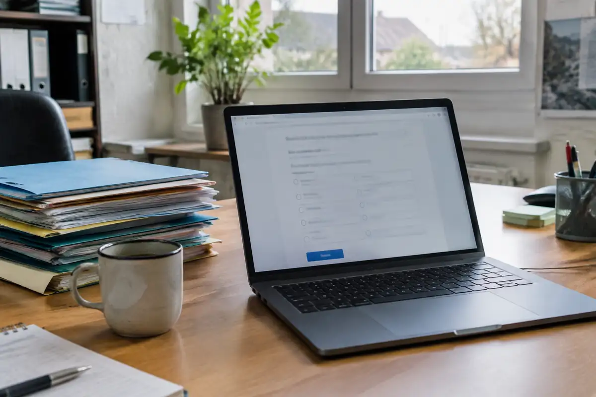 Ordinateur portable affichant un questionnaire sur un bureau