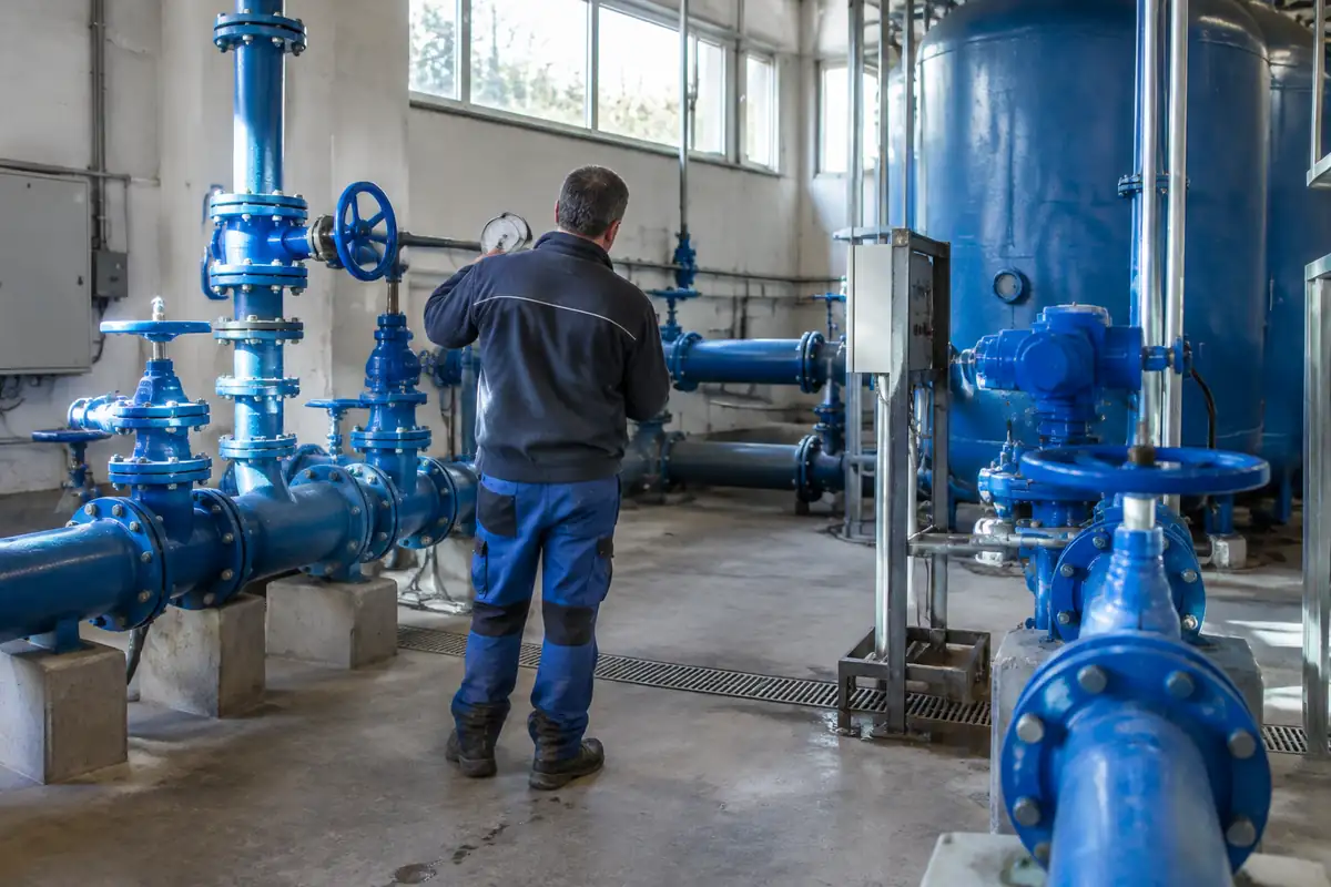 Technicien de dos vérifiant un manomètre dans une petite station de traitement d'eau
